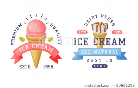 Ice Cream Emblem and Badge with Ribbon and Frozen Dessert Vector Template Set Ice Cream Emblem and Badge with Ribbon and Frozen Dessert Vector Template Set 90601298