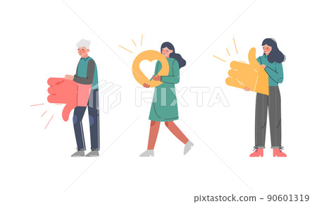 Young Man and Woman Holding Thumb Up, Down and Like Heart Sign as Notification of Approval and Disapproval Vector Set Young Man and Woman Holding Thumb Up, Down and Like Heart Sign as Notification of Approval and Disapproval Vector Set 90601319