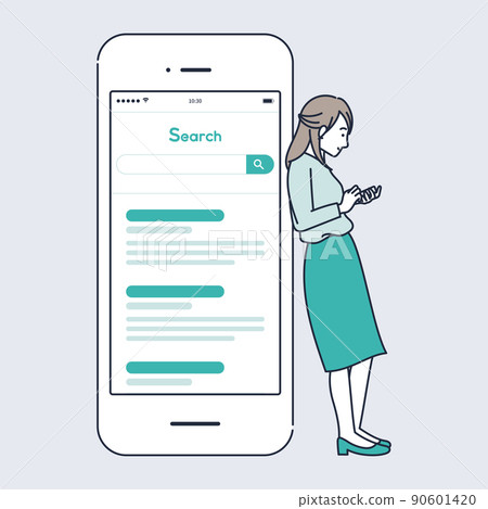 Illustration material of a woman leaning on and playing with a smartphone 90601420