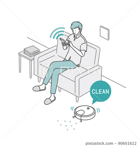 A man who operates a cleaning robot indoors using a smartphone app 90601622