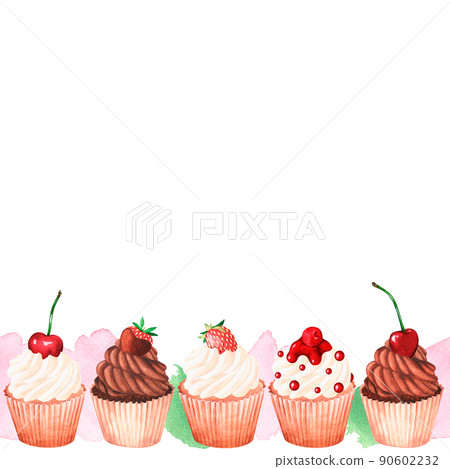 Seamless banner of cupcakes. Watercolor illustration. Isolated on a white background. 90602232