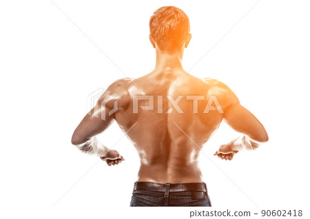 Strong Athletic Man Fitness Model posing back muscles, triceps o Strong Athletic Man Fitness Model posing back muscles, triceps o 90602418