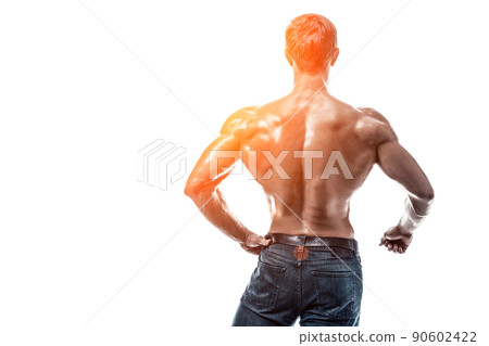 Strong Athletic Man Fitness Model posing back muscles, triceps o Strong Athletic Man Fitness Model posing back muscles, triceps o 90602422