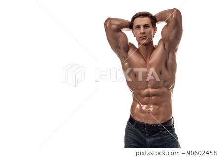 Muscular handsome young man with naked torso. Isolated on white background. Copy space Muscular handsome young man with naked torso. Isolated on white background. Copy space 90602458