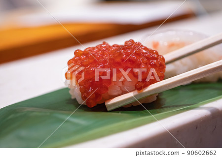 Sujiko nigiri sushi. Salmon roe pickled in soy sauce. 90602662