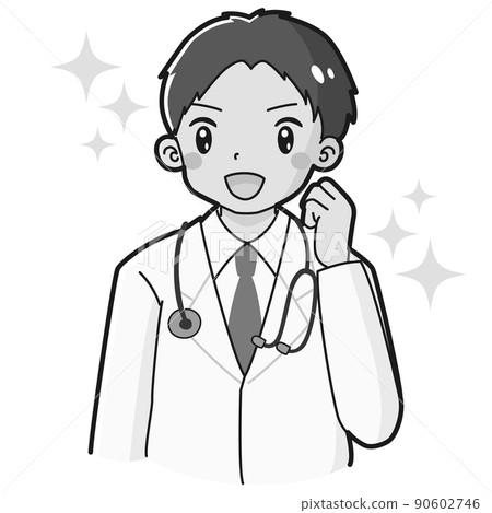 一個穿白大褂的男人做膽量姿勢(用聽診器)黑白相間的插圖 一個穿白大褂的男人做膽量姿勢(用聽診器)黑白相間的插圖 90602746