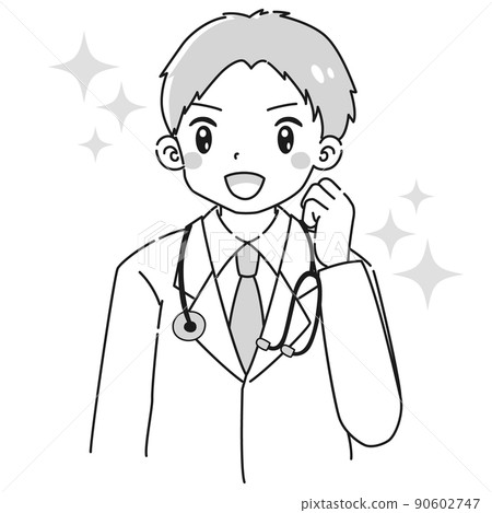 一個穿白大褂的男人做膽量姿勢（用聽診器）黑白相間的插圖 90602747