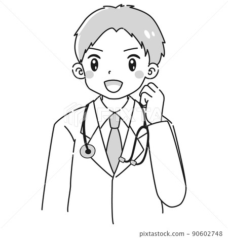 一個穿白大褂的男人做膽量姿勢(用聽診器)黑白相間的插圖 一個穿白大褂的男人做膽量姿勢(用聽診器)黑白相間的插圖 90602748