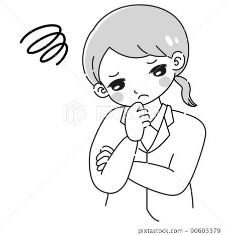 Illustration of a woman in a white coat thinking (black and white) 90603379