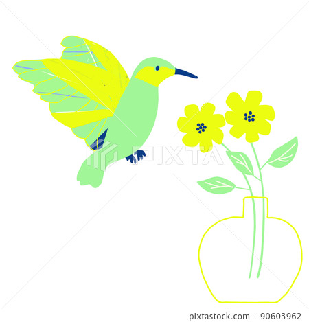 Flapping birds and yellow flowers in a glass vase Flapping birds and yellow flowers in a glass vase 90603962