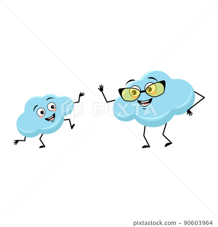 Cloud character with glasses and grandson dancing character with happy emotion, joyful face, smile eyes, arms and legs. Person with funny expression and pose. Vector flat illustration Cloud character with glasses and grandson dancing character with happy emotion, joyful face, smile eyes, arms and legs. Person with funny expression and pose. Vector flat illustration 90603964