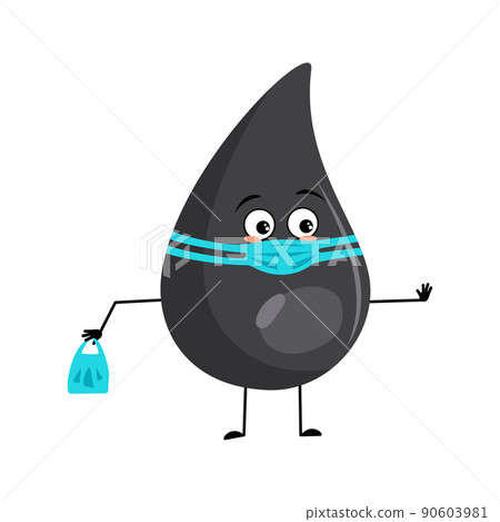 Cute fuel or gasoline drop character with face in medical mask and keep distance, hands with shopping bag and stop gesture. Fluid man with care expression, black oil man. Vector flat illustration Cute fuel or gasoline drop character with face in medical mask and keep distance, hands with shopping bag and stop gesture. Fluid man with care expression, black oil man. Vector flat illustration 90603981