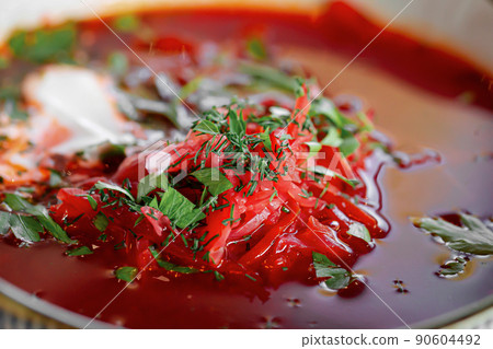 Bowl of russian beet soup borscht 90604492