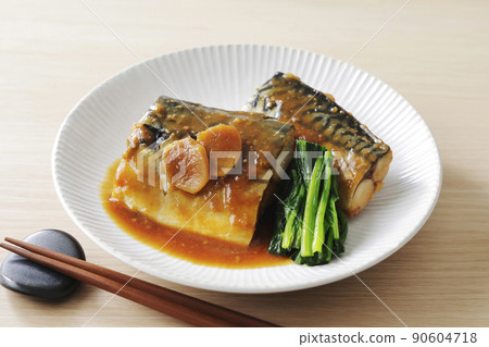 Boiled mackerel misoni served on a white plate 90604718