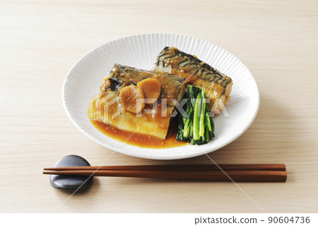 Boiled mackerel misoni served on a white plate 90604736