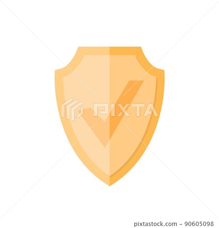 Golden shield with tick symbol, safety protection, cartoon illustration icon 90605098