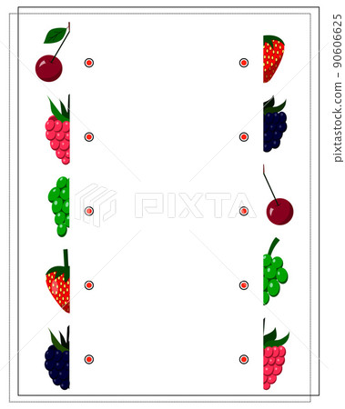 A game for kids, find the right half of the berries. Strawberries, raspberries, blackberries, cherries, grapes. A game for kids, find the right half of the berries. Strawberries, raspberries, blackberries, cherries, grapes. 90606625
