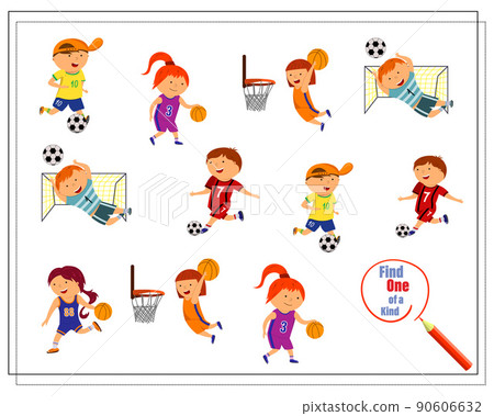 Cartoon illustration of an educational game Find a one-of-a-kind picture with children playing football and basketball. 90606632