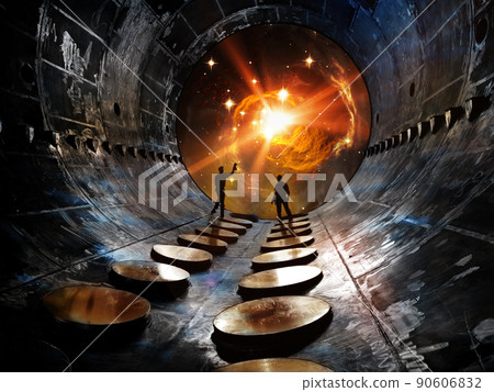Silhouette of people watching the glow of the galaxy through the hatch from the darkness of the spaceship. Elements of this image furnished by NASA. 90606832