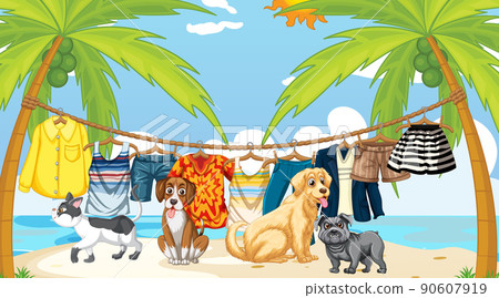 Set of different domestic animals on the beach scene 90607919