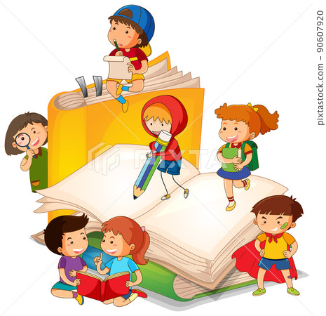 A children are reading books on a stack of books 90607920
