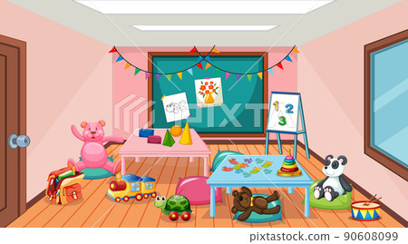 Empty kindergarten classroom interior with many kid toys 90608099