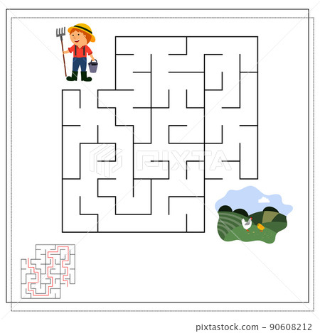 A logical game for children, go through the maze, farmer in the field. 90608212