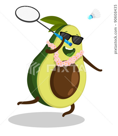 Cheerful avocado fruit playing badminton. Delicious and wholesome foods, vegetables and fruits. Healthy lifestyle. Cartoon vector isolated on white background 90608435