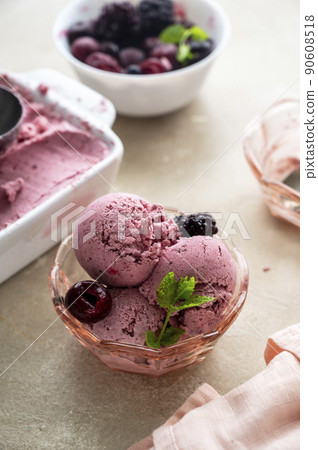 Pink ice cream scoops in glass bowl, close up. Homemade healthy sorbet with banana and berry, icecream refresing treat 90608518