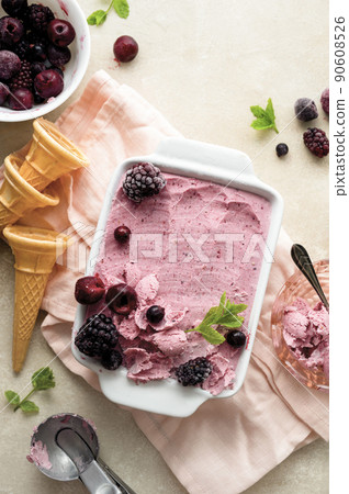 Healthy homemade raw vegan banana and berry ice cream with frozen berries fruits 90608526