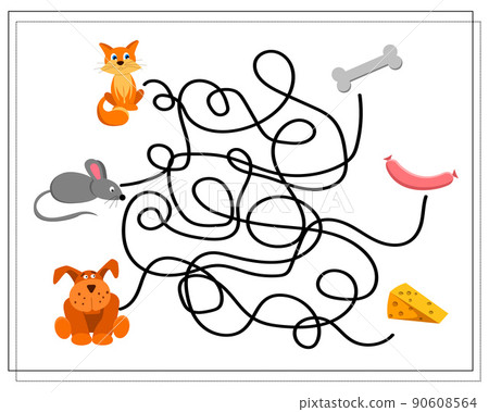 A maze game for kids. guide the cat, dog, mouse through the intricate maze to the right food. A maze game for kids. guide the cat, dog, mouse through the intricate maze to the right food. 90608564