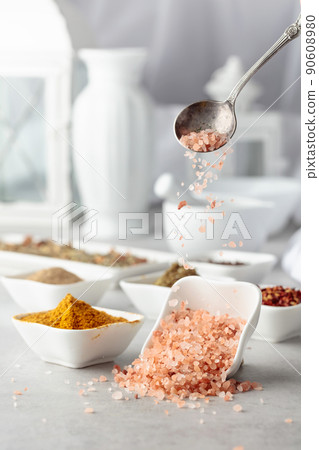 Himalayan pink salt and various spices. 90608980