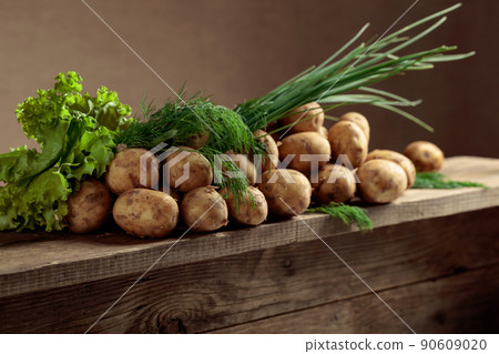 Fresh organic potatoes with green onion and salad. 90609020