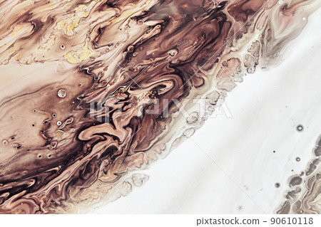 Fluid Art acrylic paints. Abstract mixing brown, black and white waves. Liquid flows splashes. Marble effect background or texture 90610118