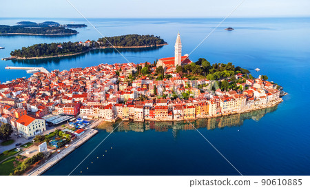 Rovinj, Croatia - Aerial drone view of historical Istria city 90610885