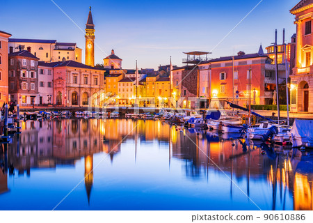 Piran, Slovenia - Marina twilight view with St George church reflection 90610886