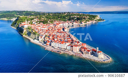 Piran, Slovenia - Aerial drone view of ancient Pirano, Adriatic Sea 90610887