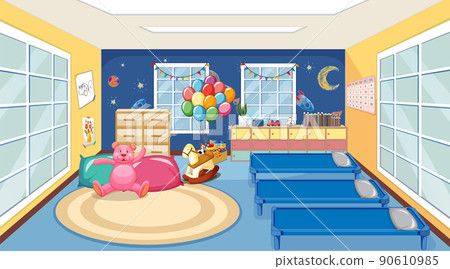 Scene of classroom with three beds and toys 90610985