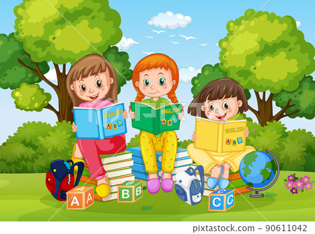 Children reading books in park background Children reading books in park background 90611042