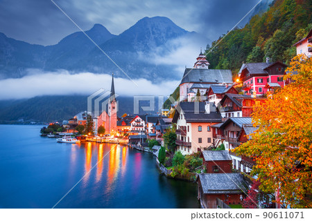 Hallstatt, Austria - Austrian Alps, small village, misty scenic landscape twilight hour. Hallstatt, Austria - Austrian Alps, small village, misty scenic landscape twilight hour. 90611071
