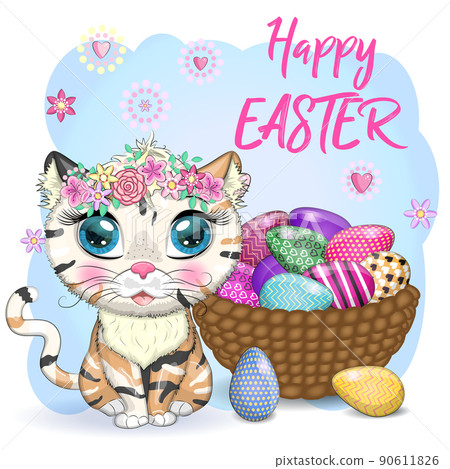 Cute cartoon Cat near a beautiful Easter basket full of eggs. Happy Easter card 90611826