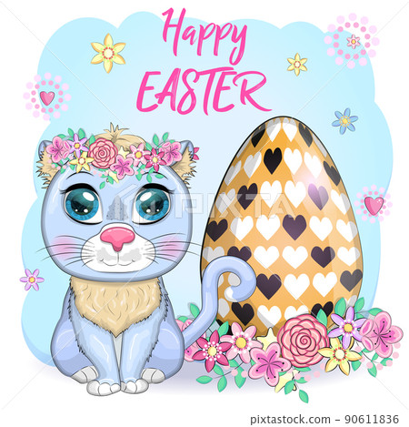 Cute cartoon Cat near a beautiful Easter basket full of eggs. Happy Easter card 90611836