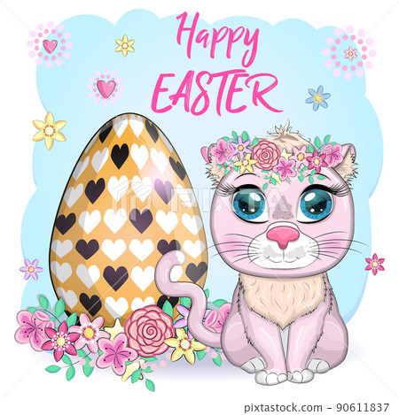 Cute cartoon Cat near a beautiful Easter basket full of eggs. Happy Easter card 90611837