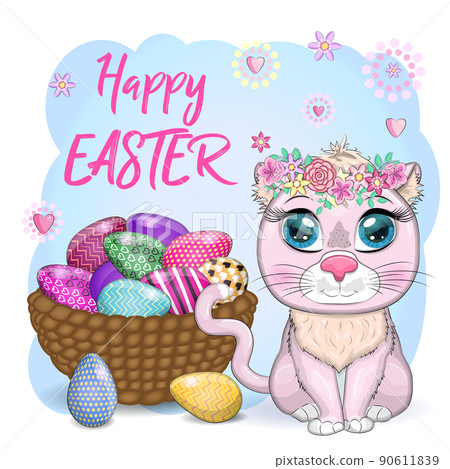 Cute cartoon Cat near a beautiful Easter basket full of eggs. Happy Easter card 90611839