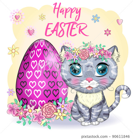 Cute cartoon Cat near a beautiful Easter basket full of eggs. Happy Easter card 90611846