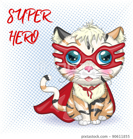 Cartoon cat superhero in a red cloak and mask. Cute child character, symbol of 2023 new chinese year 90611855