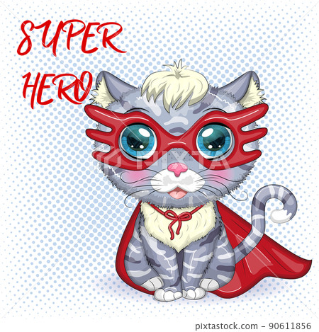 Cartoon cat superhero in a red cloak and mask. Cute child character, symbol of 2023 new chinese year 90611856