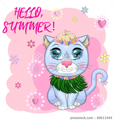 Cartoon cat dressed as a hula dancer under the... - Stock Illustration ...