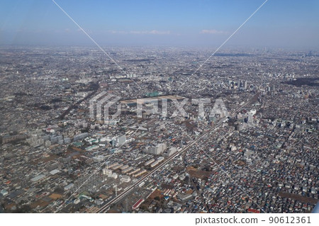 Aerial view of the Sakai water purification plant from the sky above Higashi-Koganei Aerial view of the Sakai water purification plant from the sky above Higashi-Koganei 90612361