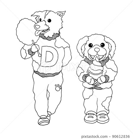 funny hipster dogs eating sweet ice cream, candy cotton vector hand drawn 90612836